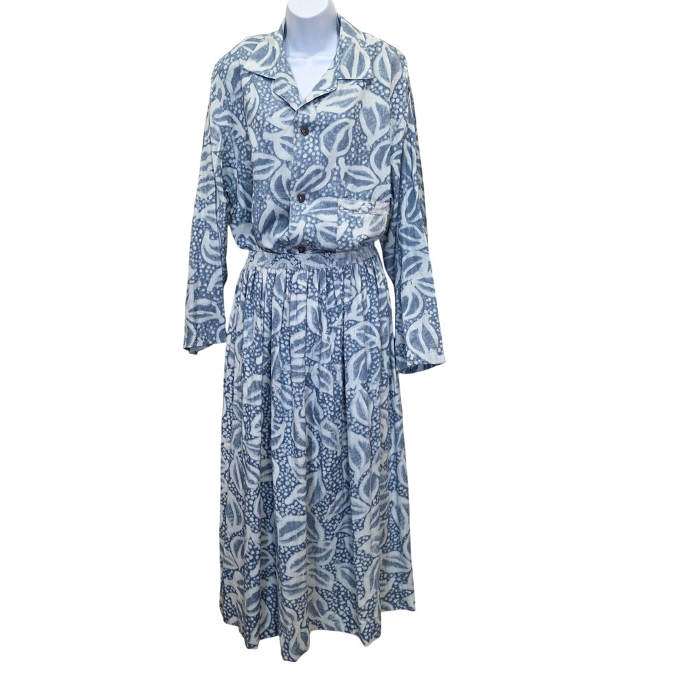 Vintage Gene Ewing Bis 80s Denim Leaf Print 2 Piece Set Skirt Top retro‎ pockets